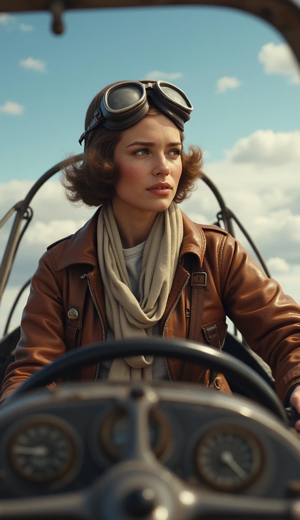 "Portrait of Amelia Earhart, in a vintage style, with a confident and determined expression. She is dressed in a leather flight jacket, wearing a scarf and goggles, with an aviator's cap. The background should be a soft, neutral color, evoking the 1930s aviation era. The style should reflect an artistic, slightly realistic interpretation, capturing the essence of a pioneering aviator and her spirit of adventure."
