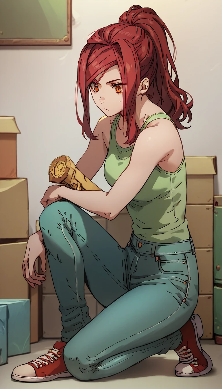 lisa ,(full body in view) , 1 girl, solo, red hair, ponytail, long hair, large medium chest, indoors, orange eyes,(green top),  jeans, (bare shoulders), completely white background,((climbs onto the box))