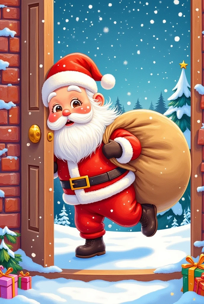 Christmas poster design，Illustration Art Style ， Crazy Santa，Carrying a big bag，Knock on the door