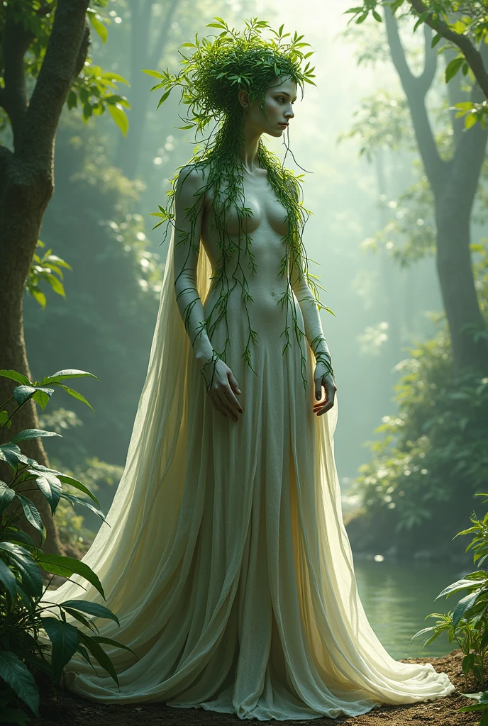 beautiful androgynous thin male elf in the forest, the rays of the sun, spring forest, long dark hair, green eyes, ((best quality)), ((masterpiece)), (detailed), realistic eyes, alluring male, ethereal beauty, (fantasy illustration:1.3), enchanting gaze, captivating pose, solo (boy), delicate, otherworldly charm, soft colors, (detailed forest landscape:1.3) (fantasy illustration:1.3)