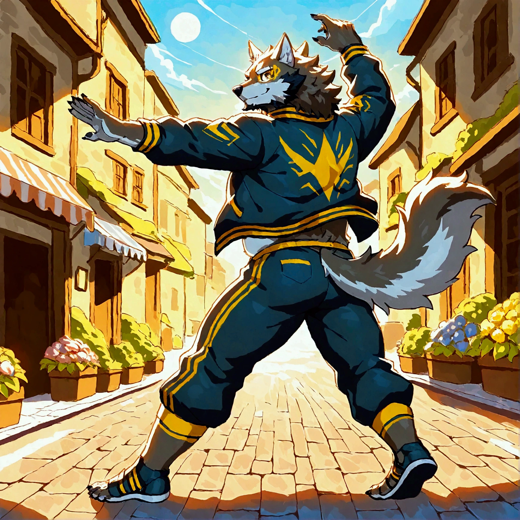 character focus, full body, looking away, back view, back focus, dynamic angle, street dancer, plump middle-aged wolf man, happy, little smile, street fashion, jacket, pants, street dance, dancing, dynamic pose, standing, full body in Michelangelo Buonarroti style, digital illustration anime, housamo style, detailed painting landscape, afternoon, city scape, street, outdoor, full color, HDR, BREAK complete anatomy, perfect proportions, beautiful thigh gap, fluffy body, intricate fur details, beautiful fur texture, BREAK detailed wolf tail, detailed toe, 5toes, 5toes nails, beautiful foot, detailed hands, 5fingers, 5fingers nails, BREAK aesthetic anime face, insanity detailed face, male face, big face, square jawline, aesthetic anime eyes, detailed brown eyes, detailed brown cornea, detailed dark brown irises, detailed pupils, male eyes, big eyes, male eyebrows, innocent look, beautiful beard, BREAK masterpiece, official art, best quality, very aesthetic, absurdres, super fine illustration, great quality, BREAK noise reduction, very highres, large filesize, high quality, 32K, 8k wallpaper, dynamic lighting, BREAK insanity detailed, ultra detailed, intricate details, extremely detailed, detailed texture, an extremely delicate and beautiful, BREAK e621 illustration, osukemo, anthropomorphic, furry, cartoon, harmonious body, pastoral face, virtuous eyes, street atmosphere