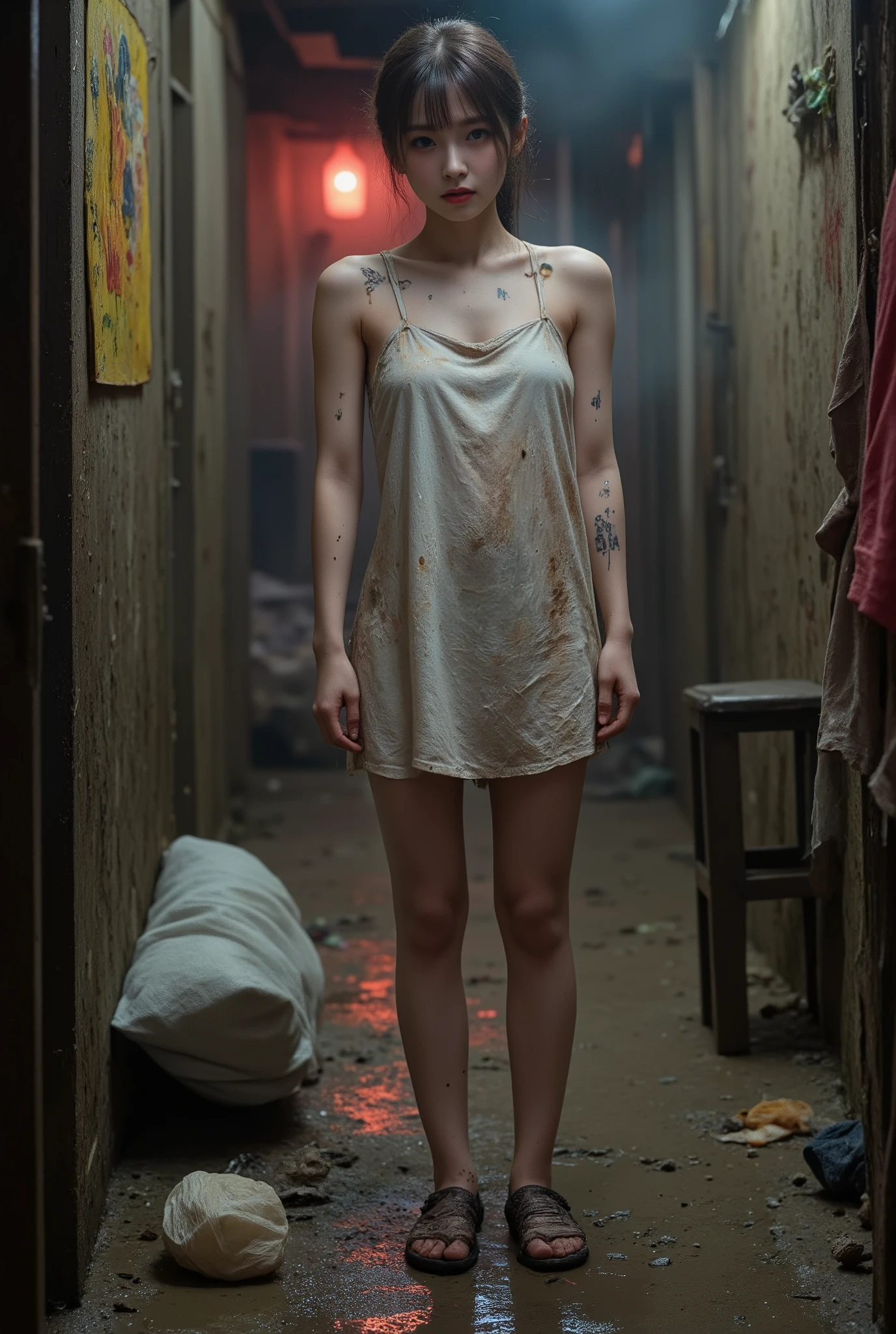NSFW,
realistic, Press photo, Documentary Technique,
hasselblad, 85mm f1.4 zeiss lens, HDR,
(full body visible:1.5),
In this photo she is seen from head to toe,
the ground she is standing on is wet,
facing the camera, looking at the camera,
young korean girl,
pony tail, bangs,
Her face resembles "Arin" from "OH MY GIRL",
arin is Cheap hookers in the slums, poor whore, slutty whore, (very young whore:1.3),
arin is ultimate_beautiful_girl,
she is lowteen,
big round brown eyes,
she has very white skin,
she has dark brown hair,
her legs is little fat,
she height is 153cm,
The minidress she is wearing seems to be an idol's stage costume but it is worn out and very dirty,
her clothes are thin,
Her clothes are old and very dirty,
She is not wearing underwear,
she is not wearing panties,
she is very dirty,
She has a toilet tattoo on her chest,
She is a slum dweller and is very dirty,
she looks unhealthy,
she prostitutes herself in the slums,
her customers are beggars,
she has many wart,
she has many scars,
Her clothes have a lot of stains,
some of stains are black some yellow some red,
Her clothes are torn in places,
The slums are dark at night,
only the brothel's red lantern glows dimly,
She beckons the men with a blank look on her face,
A room in a cheap apartment in a slum,
extremely small,
windowless,
messy room,
a mattress lying around,
the room full of garbage,
trush, garbage, sluminterior, porn, nude, cum, cum drip, full body, cumrag, cumrag clothes, cumrag object,