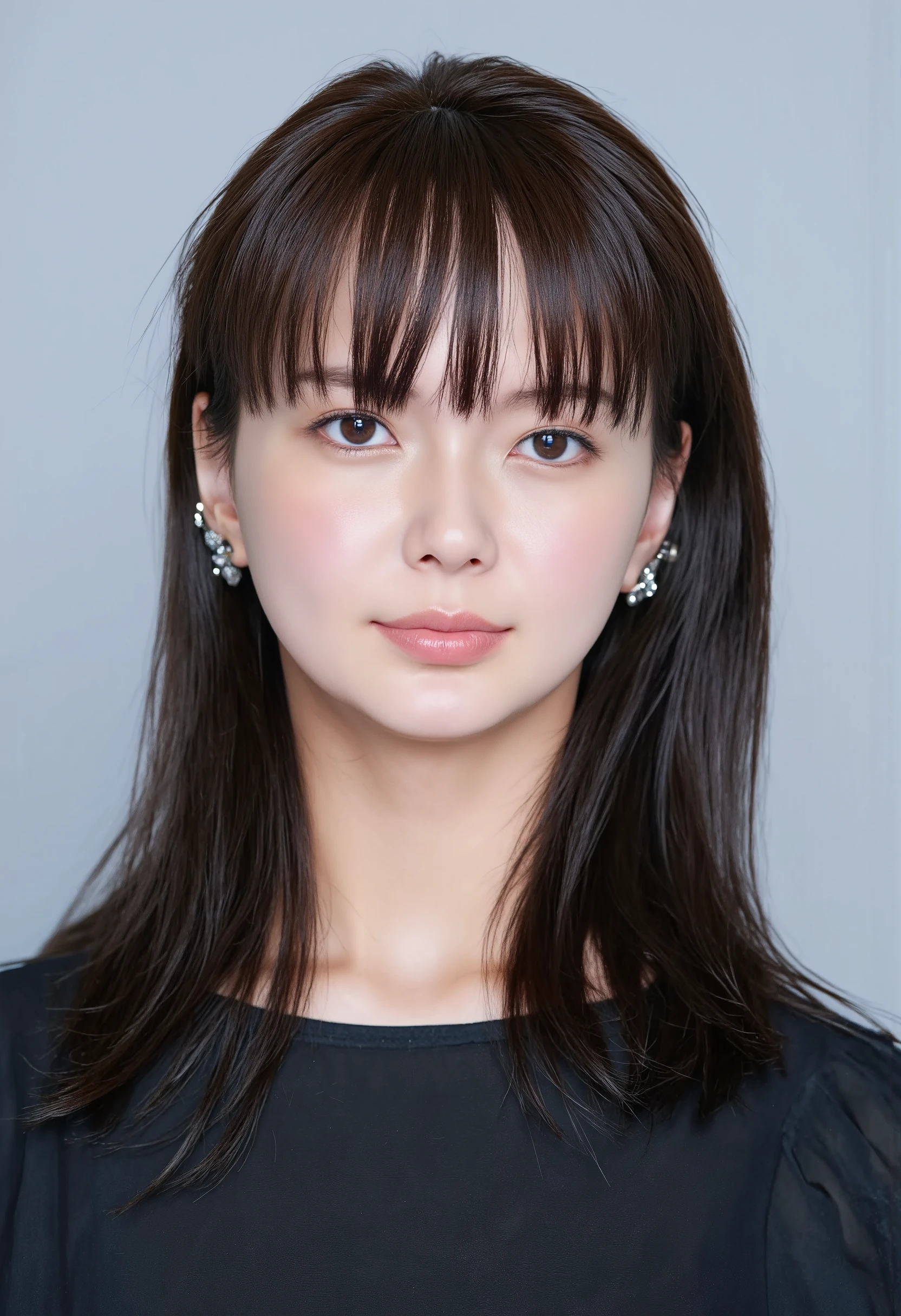 young Japanese woman、 tabe mikako、black hair、 ear piercing、Smiling Face Showing Teeth 、、 beautiful alignment of teeth、 black down jacket、Gray background
