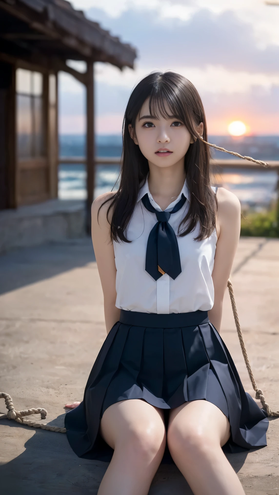 (最  High Quality  ,  Masterpiece :1.2), 最  High Quality  ,  realistic , oh(  Hyperreality  : 1.35), ( realistic : 1.4),  Perfect Slim Body  ,  perfect waist seen from the front  , Beautiful Japanese woman sitting with the sunset in the background , smile,  Masterpiece , 最  High Quality  ,  High Quality  , Alone,  so cute , Latin,  Adolescence, Only Girl, ((  small face  )), ((  Beautiful White Skin and Medium Breasts  )), ((Thin little butt  ))), ((最  High Quality  )),((  beautiful nipples )),((  so delicate and beautiful 白い肌 )),(( Synthetic Depth  )), ,(( Synthetic Depth  )). familiar)), (((((  so delicate and beautiful )), (((( Synthetic Depth  ))), (((  incredibly stupid  ))), ((  black hair )), ((( Semi-long cut))), (((  medium length hair  ))), (( Impatient and Confused Face  ))),  I have dynamic angles  , Focus on women, {Particles of light},  Detailed Background  ,  soft writing  , (dramatic) sunset), sunset, とても美しいsunset ,  realistic , (  blurry background ),,((wind:1.5))), (Movement)), ((Emotion)), (  colorful  )), ( baby face )), (( Beautiful Teeth)), Wither,  ocean background , No makeup at the coal mine  , whole body,, ((nsfw)), ( 美しいwhole bodyヌード :1.4), (( Full nude upper body, medium beautiful breasts :1.2)), (((  tight small dark blue skirt :1.4)), (((((  Strongly tie your neck and chest with a rope  、SM Restraint Play  )))))、( 恐怖から逃ようとしているwindのポーズ :1.2)))