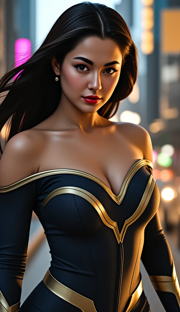 portrait of Hania Amir, dark black hair, as a supergirl, busy city street,4K quality, focused portrait, tight costume, sexy curves, cyberpunk arab cityscape, arab middle east vibes, (she is horny)