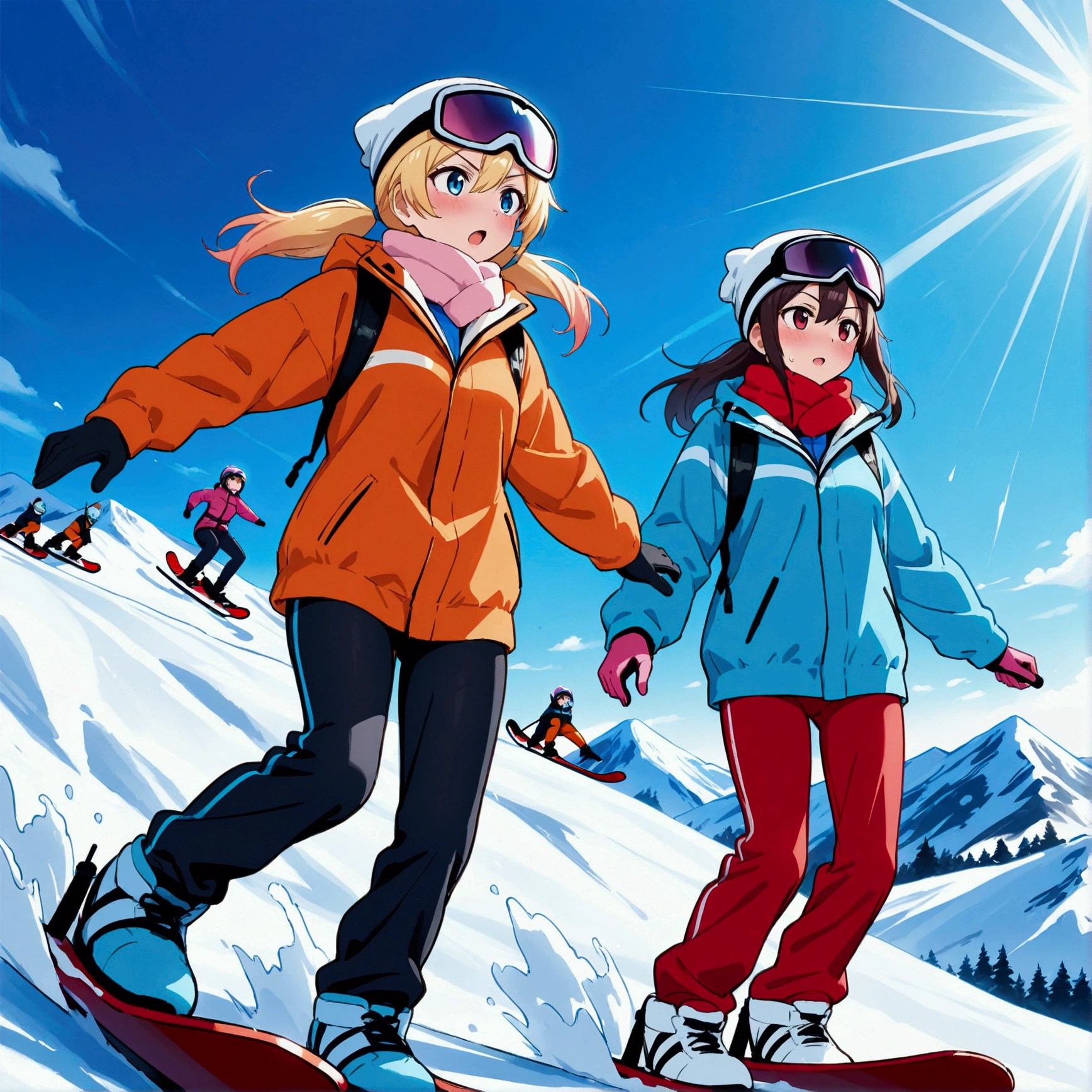 Group of friends skiing down a mountain, ((ultra quality)), anime enhancement, ((8k resolution, masterpiece, best quality)), ultra detailed, ultra sharp, perfect colors, perfectly shaded, perfect lighting