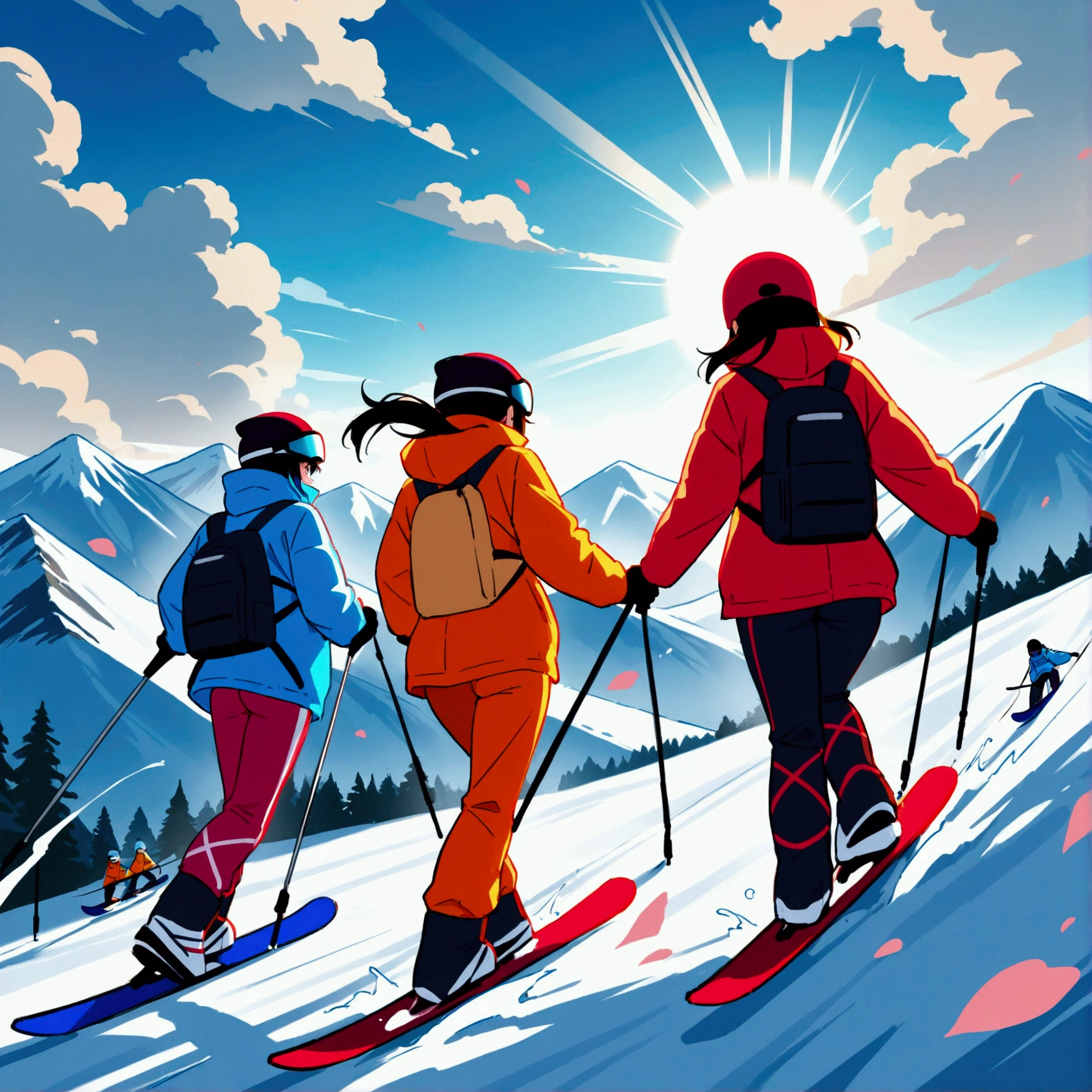 Group of friends skiing down a mountain, ((ultra quality)), anime enhancement, ((8k resolution, masterpiece, best quality)), ultra detailed, ultra sharp, perfect colors, perfectly shaded, perfect lighting