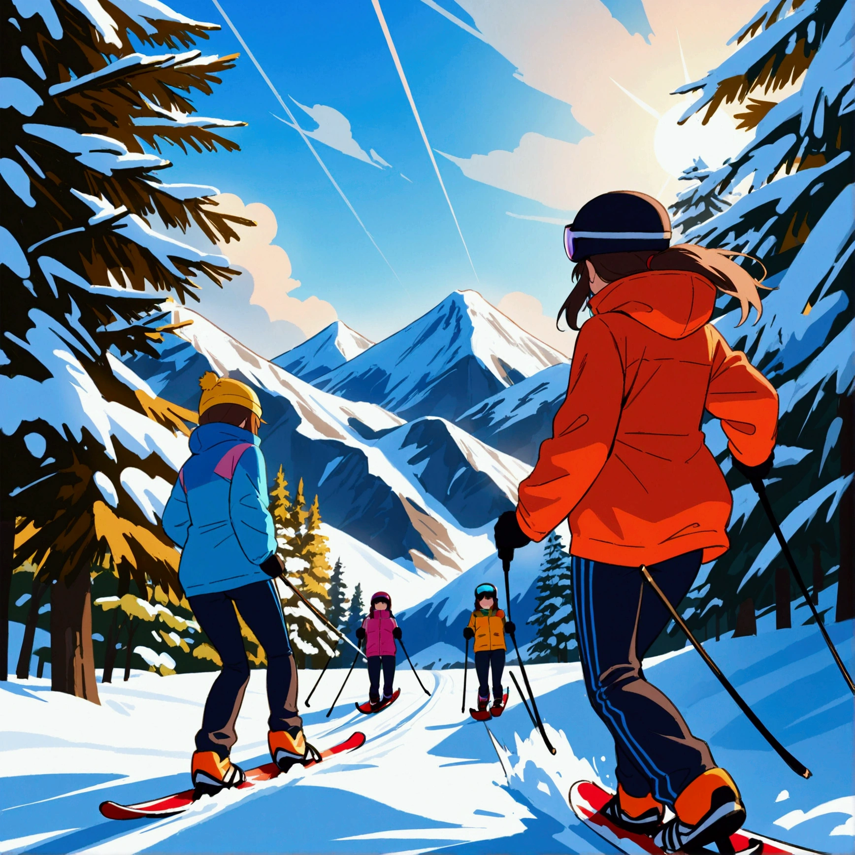 Group of friends skiing down a mountain, ((ultra quality)), anime enhancement, ((8k resolution, masterpiece, best quality)), ultra detailed, ultra sharp, perfect colors, perfectly shaded, perfect lighting