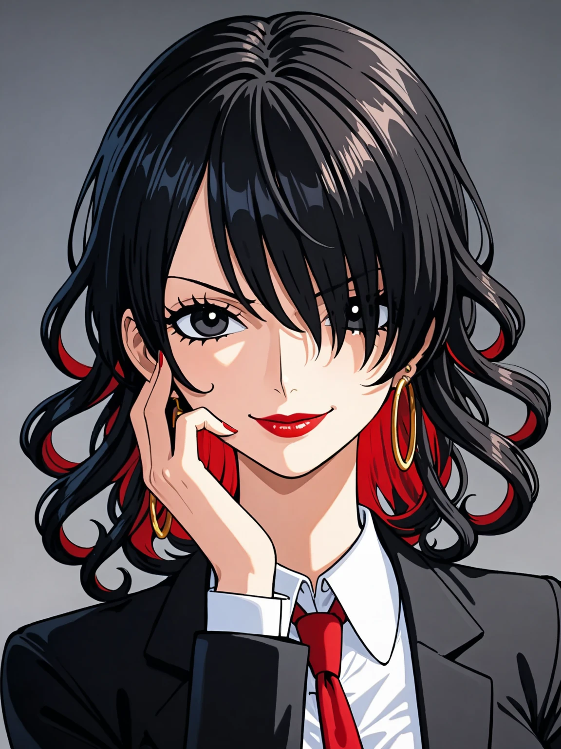 ((masterpiece)), ((high quality)),((ultra-detailed)), ((extremely detailed)),4K,8K, (character portrait), (Art Eiichirou Oda 2D), (((one piece))), (((pants suit))), office lady, black skin tight office suits, red necktie, 25yo, a beautiful woman, (((1girl))), (((solo))), long curly hair, black hair, black pupils, hair over one eye, perfect hands, perfect face, perfect eyes, red lips, onepiecestyle,black eyes, black hair, hoop earrings, hand on own face, naughty smile