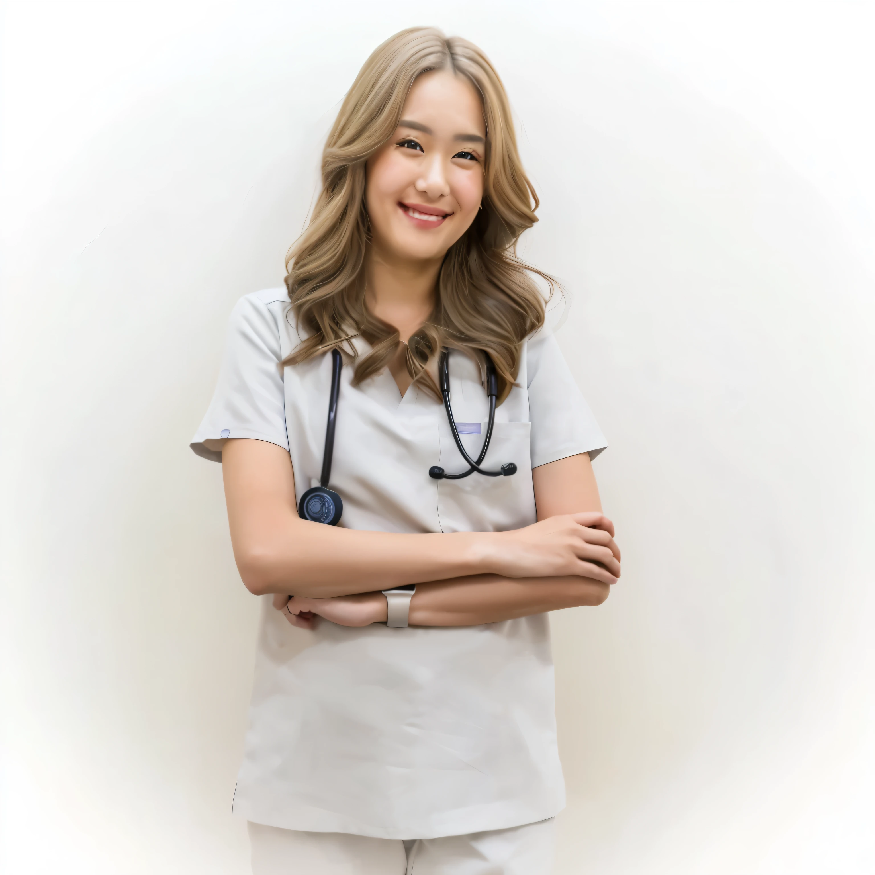 (Well-aligned, beautiful teeth), A beautiful 30-something female doctor with a charming smile that reveals a hint of white teeth, doctor woman in a white scrub suit, medical, girl, Stethoscope, doctor,  Health Care Workers , Thai women,  Portrait ,  asian woman, (Best quality, 8k, Masterpiece:1.2),
