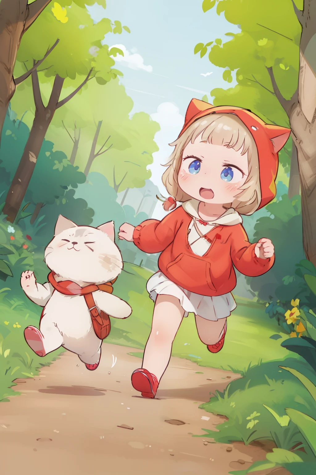 masterpiece， top quality，Cute doodles，Cheerful, Honor student，    short  ，  Little Red Riding Hood in a cat costume，Running from deep in the woods  ，