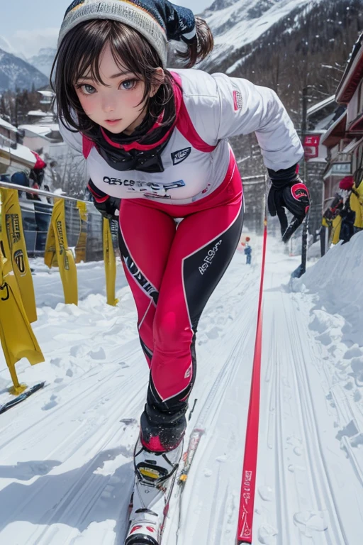 (best quality, masterpiece, photorealistic, elaborate details:1.2), Snowy mountains in background, Speed skiing competition, close-up of female skier, (short dark hair, dark brown skin, big eyes, double eyelids, hourglass figure, athlete figure, large breasts:1.3), sports photography, extreme colors, frontal shot, ski sprint, running down snowy mountain, tight ski outfit, ski gloves, winter hat, dynamic photo, action photography, beautiful sunny day, shot with wide angle lens, 