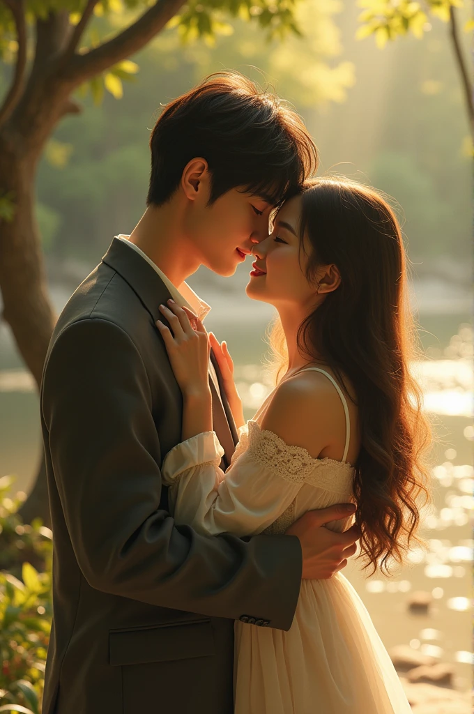 man and woman hugging each other and looking at each other, dress up、high quality、photo realistic、healthy,perfect figure、beautiful eyes、face perfect、Beautiful skin、pastel blue background, ((kissing)),(( closed eyes))