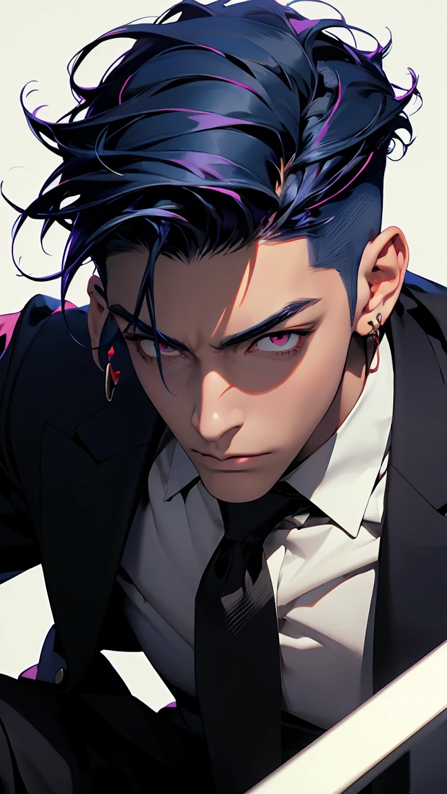 highest quality, 8K, high resolution image, anime style Jujutsu Kaisen, dark skin, (Cú Chulainn (Alter) | Fate | FGO ) detailed strokes, crazy look, piercing gaze, out of focus, purple light is reflected from it, 1 man, male, model, hand in pocket, cool guy, multicolored background with various geometric shapes, all around stickers, muscular, DARK BLUE HAIR, Dark Blue hair, red eyes, multicolored hair, blue hair, highlighted hair, Hairstyle: undercut, puffy chest, businessman, He is wearing an business suit, white shirt with open collar and a black suit trousers and a gold link chain, Background: Room, fullbody view