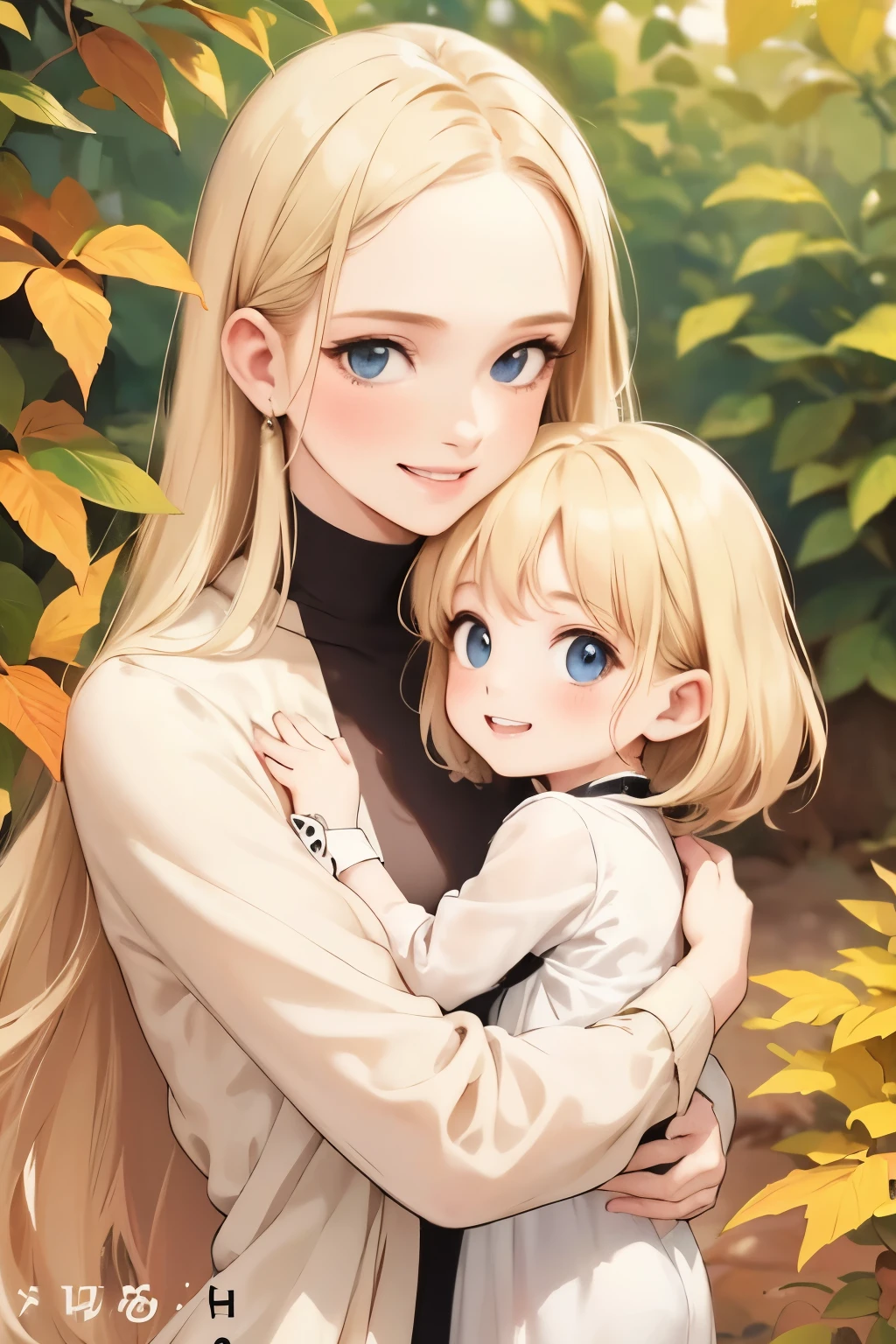  magazine、 Blonde mother and little daughter  ,   bright color,   kampala,    capture realistic depiction ,   are appearing on the cover of Fashion Forward  , Affectionate bond   , Trendy clothes,  charming smile  ,  Natural Beauty ,   professional lighting  ,  modern style ,  artistic composition ， Fall Leaves ，