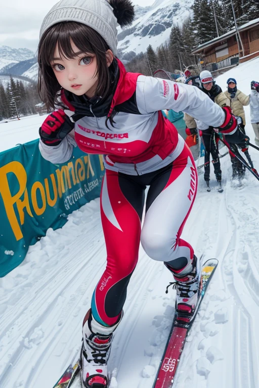 (best quality, masterpiece, photorealistic, elaborate details:1.2), Snowy mountains in background, Speed skiing competition, close-up of female skier, (short dark hair, dark brown skin, big eyes, double eyelids, hourglass figure, athlete figure, large breasts:1.3), sports photography, extreme colors, frontal shot, ski sprint, running down snowy mountain, tight ski outfit, ski gloves, winter hat, dynamic photo, action photography, beautiful sunny day, shot with wide angle lens, 