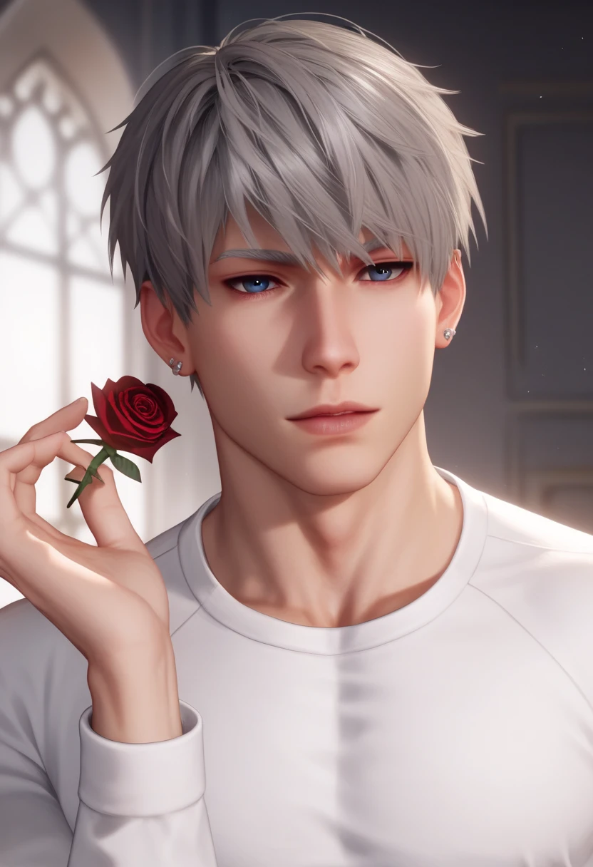 1 male, adult male, 30 years old, single, short haircut, gray hair, blue eyes, accent on the eyes, long white eyelashes, athletic build, silver piercing in the ears, pale skin, sexy man, man in a white shirt, shirt neckline, on the background of a home atmosphere, in the man's hand red a rose, a rosebud raised to the lips, facing the viewer, cinematic lighting is a real masterpiece. highest quality, dynamic posture