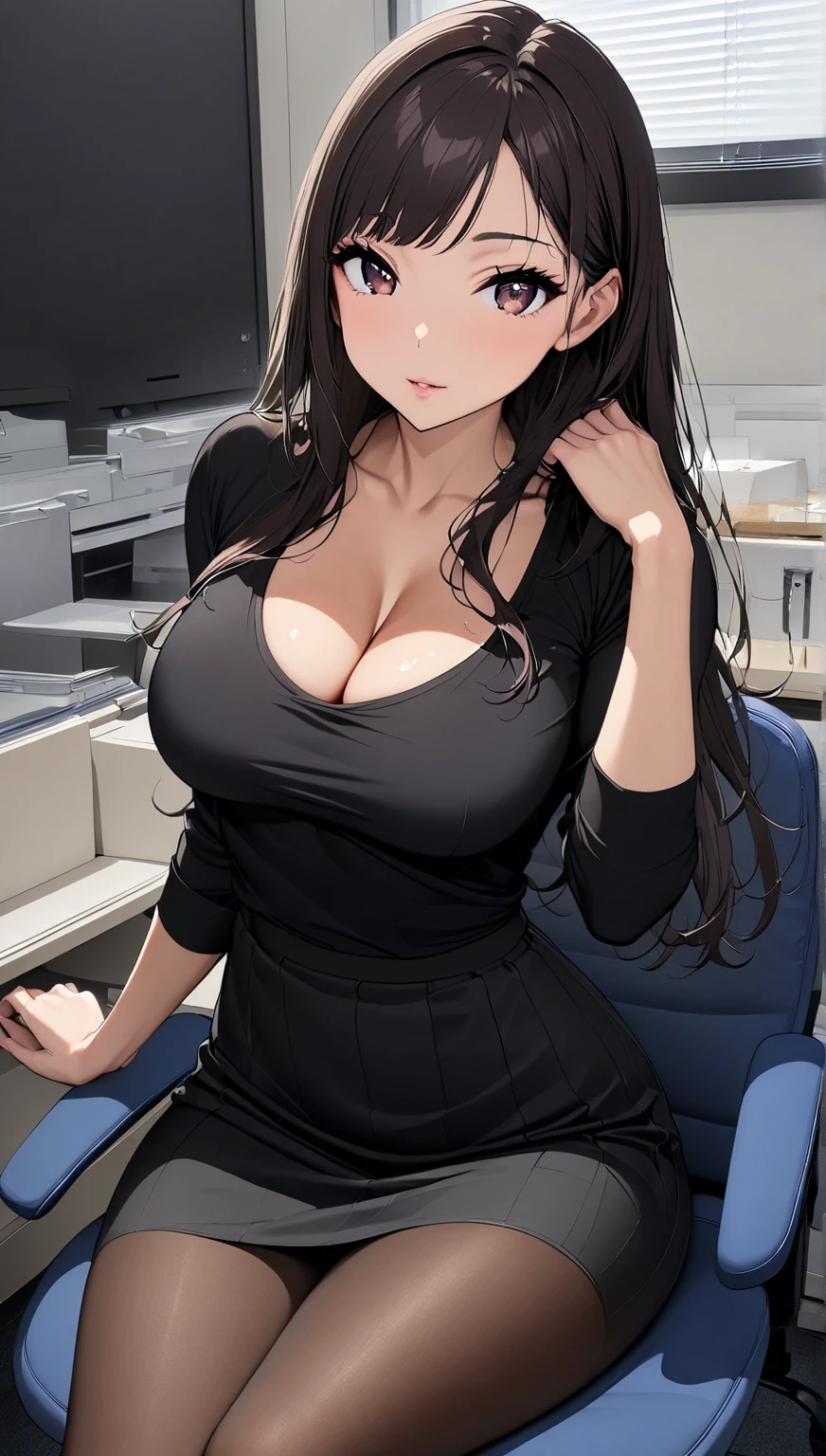 masterpiece, high resolution, beautiful woman, Japan beauty, 30 years old, beautiful woman, (high resolution eyes), (cute eyes), bangs, dark hair, long hair, brown eyes, cute eyes, medium breast, tight black tee shirt, long sleeves, cleavage, black pantyhose, pantyhose, black skirt, office, sit on chair, legs crossed