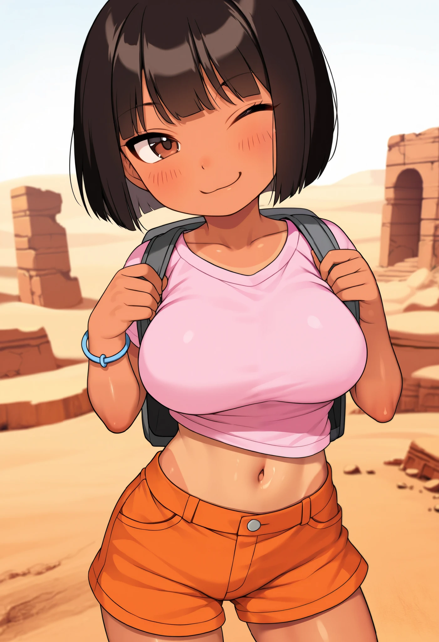 Small young teenage girl, solo, From the front, cute, smug face, wink, large breasts, Dora,  brown eyes, desert ruins, dark-skinned female, (tan), bob cut, pink shirt, cutoff shirt, bare midriff, loose shirt,  (orange shorts), bracelet, backpack, (slender athletic body), (disney style), dynamic pose