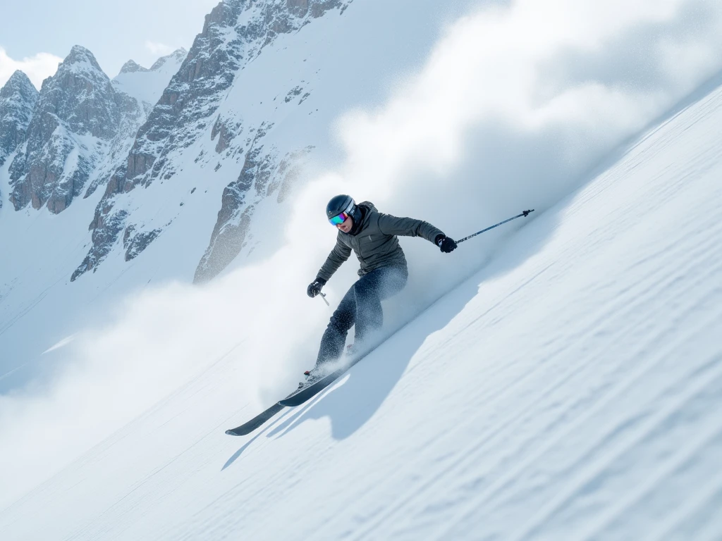  A man from the front skiing on the side of a snowy mountain ,  comes in full gear at full speed , crazy gesture .  In the background you can see a gigantic avalanche of snow coming behind him.