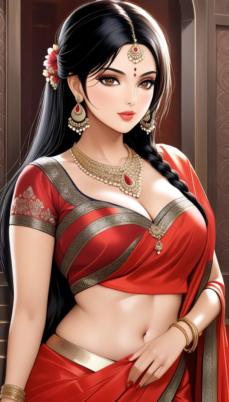 Hot milf,red saree, long silver jhumki earrings, lipstick, black hair, medium sagging breasts, cleavage ,makeup, red blouse ,navel, eyeliner, eyeshadow, detailed art style,long jewellery, multiple necklace,long necklace,bangles, accessories , intricate patterns on saree,long necklace, realistic skin, realistic saree ,hair braid 