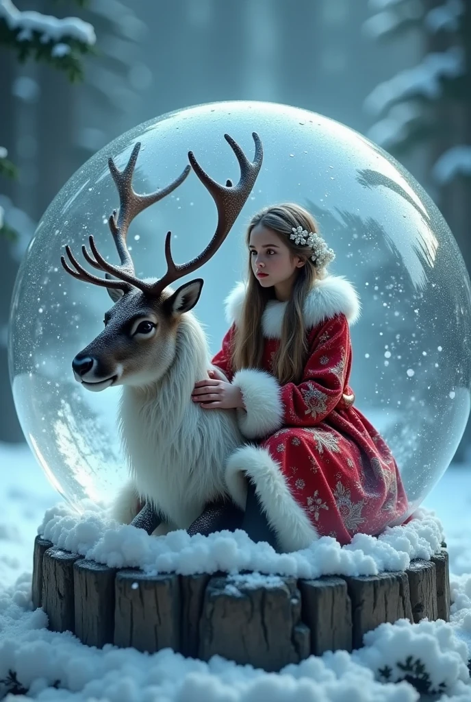 photorealistic of a(frozen Santa girl with a sitting rain deer)inside a crystal ball, UHD, best quality wallpaper, 8k, dramatic light, intricate detailed