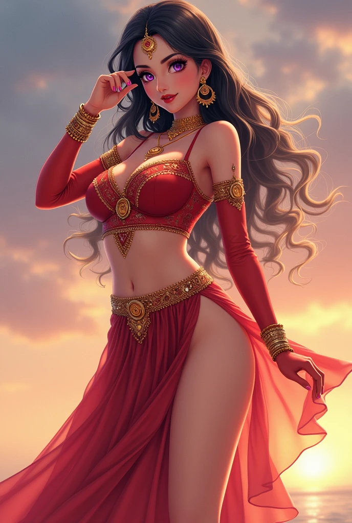 cute pinup of a genie Arab girl with a fit body and long curly hair wearing a jewel trim and pink see-through sheer Khimar outside in an intricate background of arab architecture, hyper detailed illustration, gorgeous, elegant, intricate, alluring, stunning, award winning, (5400k color temperature), realistic, sharp focus, 8k high definition, intricate, highly detailed, high resolution, realistic digital painting,