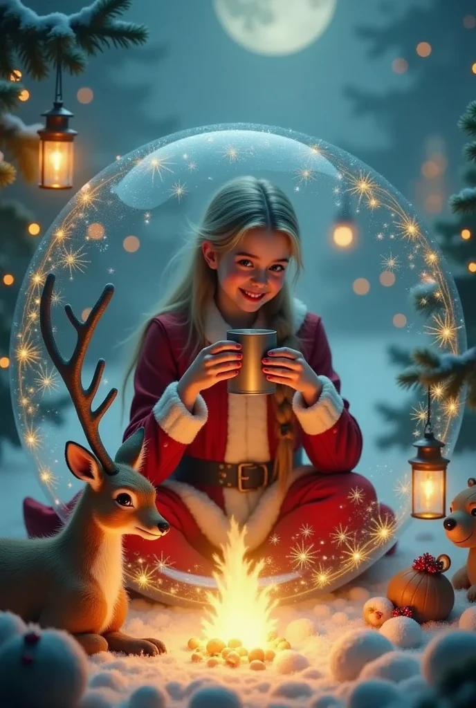 photorealistic of a(frozen girl wearing Santa's outfit sitting inside a crystal ball accompanied by a rain deer)UHD, best quality wallpaper, 8k, dramatic light, intricate detailed,firework lights, warm, golden lanterns, and soft, eerie mist, with subtle, warm moonlight casting a gentle, magical glow, emphasizing playful, joyful, smiling expressions, intricate, ornate, and ornamental costumes, and delicate, swirling, wispy fog, a big Christmas tree as background, a banner text says "Merry Christmas" in glorious fonts