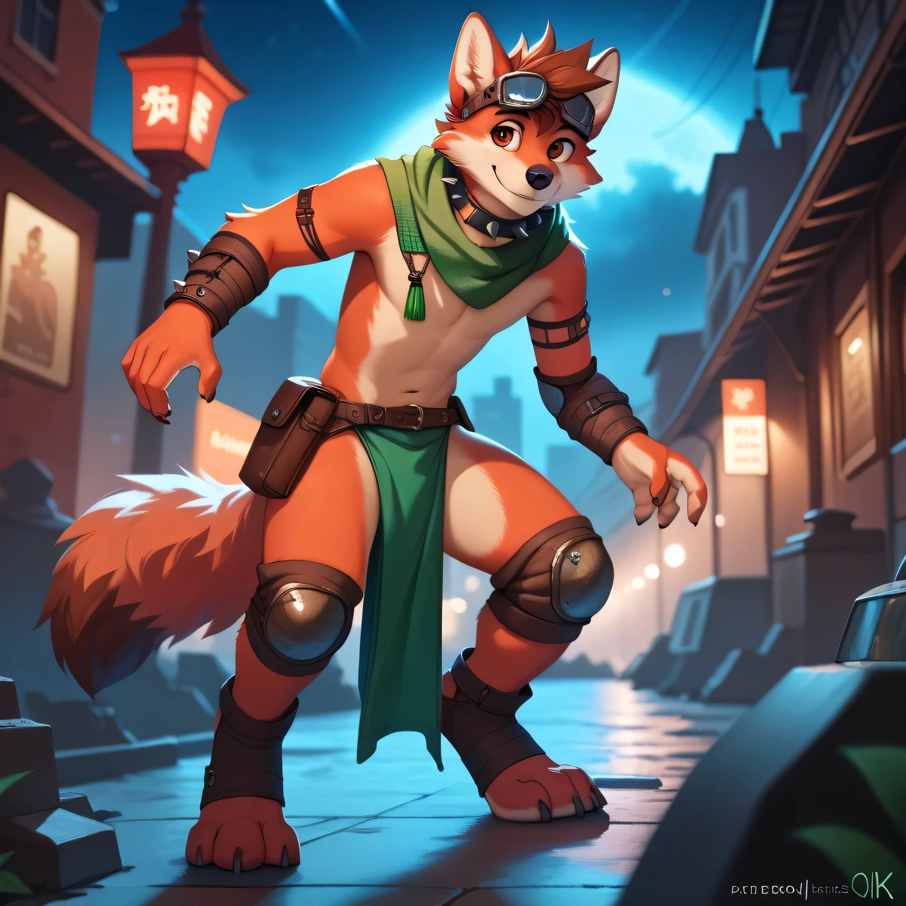no lighting deep shadow, masterpiece, high quality, hi res, solo, Furry, red fox, spiked brown hair only on head, collar, brown eyes, goggles, green loincloth, green scarf, elbow pads, knee pads, masterpiece, No muscles, Detailed hands, detailed face, detailed eyes, detailed body, Flat body, Skinny, claws, high resolution, metal cuffs on wrists, metal cuffs on ankles, no shirt, no underwear, city, night, wave, smile