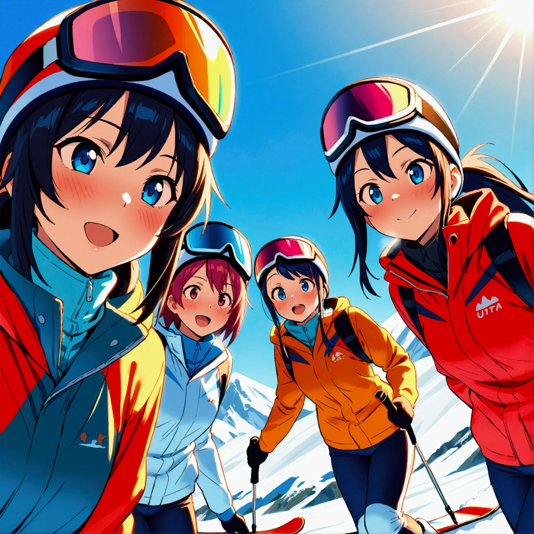 Group of friends skiing down a mountain, ((ultra quality)), anime enhancement, ((8k resolution, masterpiece, best quality)), ultra detailed, ultra sharp, perfect colors, perfectly shaded, perfect lighting, very detailed face, perfect anatomy, 