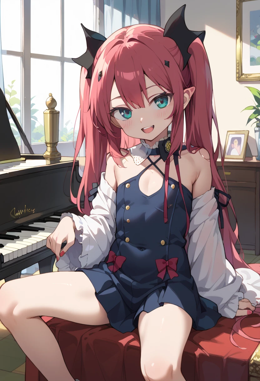 (( top quality)), ((masterpiece)), (be familiar with),  perfect face, indoor, bedroom, looking at the viewer,
One woman, Krull Tepesi ,
 open mouth,  ecstatic expression beside the piano, blush, smile,
 small ,  flat chested, Young girl, Lori,  kids,  girl,
 long hair,  twin tails,
Leg spread,