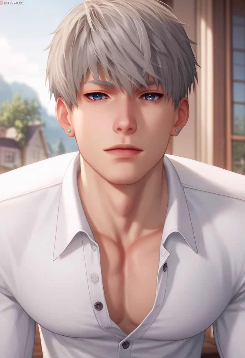 1 man, young man, man 20 years old, single, short haircut, gray hair, blue eyes, accent on the eyes, long white eyelashes, silver piercing in the ears, pale skin, sexy man, man in a white shirt, unbuttoned shirt, on the background of the house atmosphere, facing the viewer, cinematic lighting - a real masterpiece. highest quality, dynamic posture