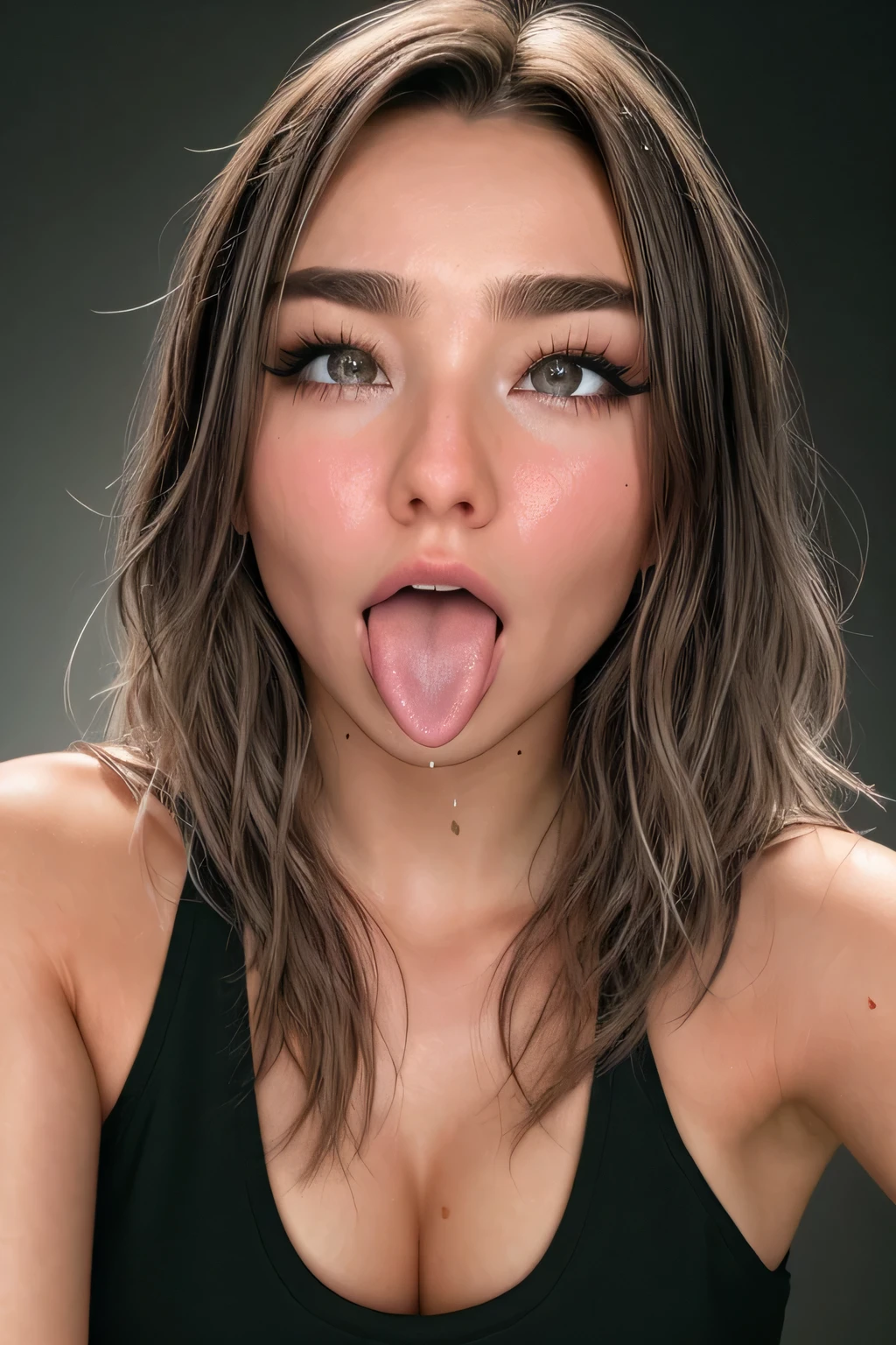Miranda Kerr、 high-resolution realistic pictures ,8k, realistic skin texture , 1 girl, table top in front of you,Award-winning photo, A few people having fun with each other while doing something very detailed , closes the eye , Nose and mouth, focus on face , face close-up 、Open your mouth and highlight the eye woman , Black Camisole 、20 years old, dark-haired、Symmetrical face, Insulated 、 from below(( gray background ))、 I sweated skin、 sweat glowing skin that will turn your eyes off、((大きく A few people having fun with each other while doing something very detailed な鼻)) I sweated, shiny skin、 glowing skin that will turn your eyes off、 I sweated hair、sunlight、(Brow wrinkles)((Frowning))(Semen on tongue)、 deep kiss 、(( thin eyebrows))(( oily skin 、 glowing skin that will turn your eyes off))、 double eyelids 、Wet and shiny tongue、Hair tied up、 Up Hair、 raise your head ((( long tongue, Saliva traces)))((Super wet skin))(((The nasal septum appears wide[[ profile,nasal septum,[[ profile)))((Beautiful long eyelashes, beautiful detailed eyes))Nogizaka Girl,