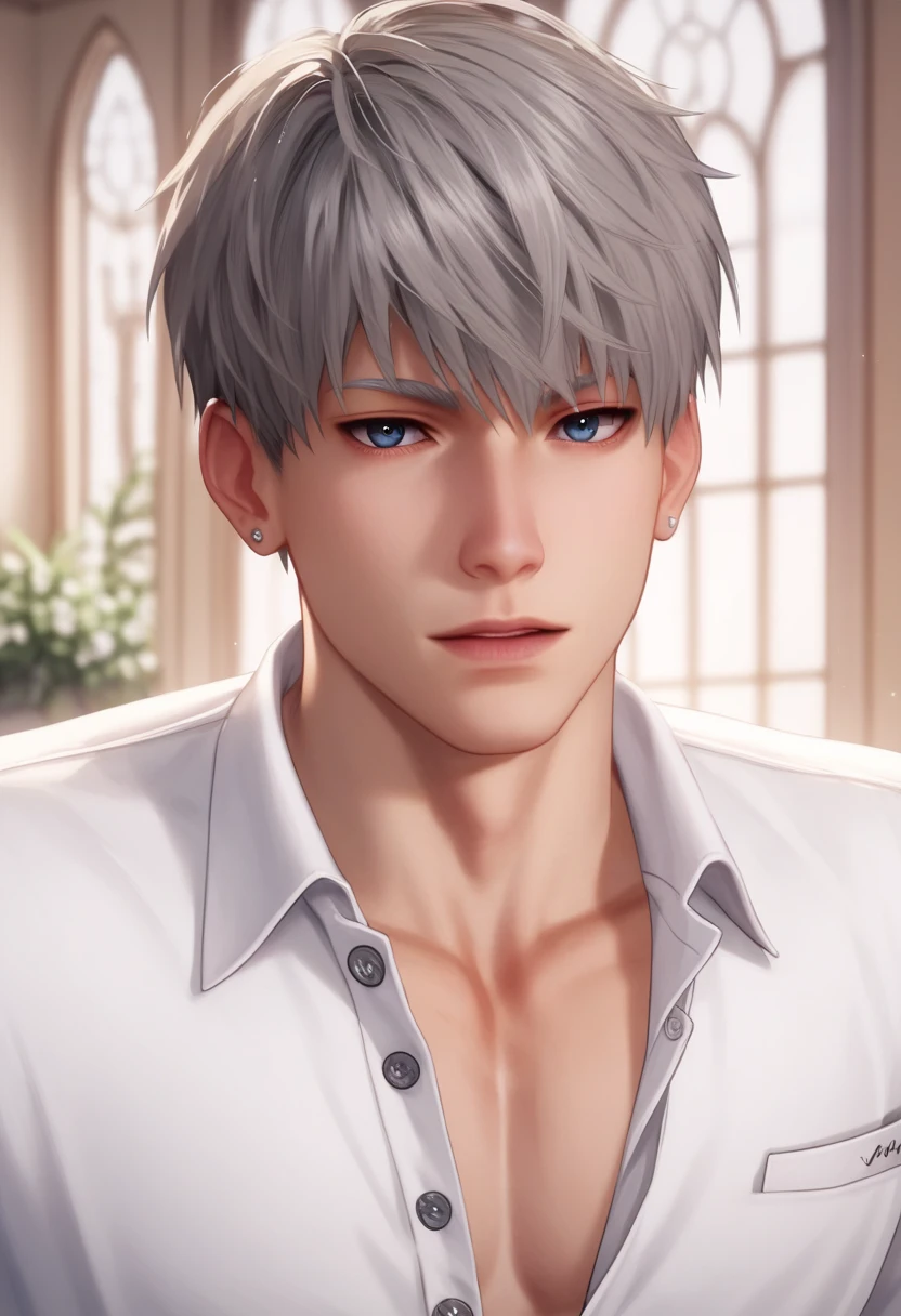 1 man, young man, man 20 years old, single, short haircut, gray hair, blue eyes, accent on the eyes, long white eyelashes, silver piercing in the ears, pale skin, sexy man, man in a white shirt, unbuttoned shirt, on the background of the house atmosphere, facing the viewer, cinematic lighting - a real masterpiece. highest quality, dynamic posture