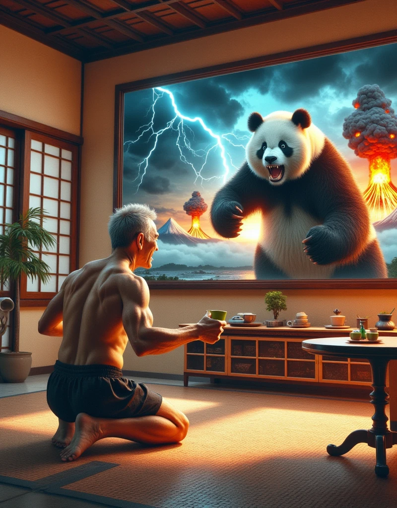 ultra-realistic, photorealistic, dramatic scene, shadow, global-illumination, solo, (An elderly Japanese man and old woman are sitting in a Japanese stylish room), watching TV, (Japanese antique cups of green tea are on the table), Japanese tatami floor, low table, Japanese furnishings, bonsai, the large old TV displays\(Muay Thai fighter vs. terrifying man-eating panda, there are the shouting Muay Thai fighter and terrifying panda with fang, volcano, thunder, giant meteorite, Muay Thai fighter shows extremely painful expressions\), bright lighting in the room, peaceful sunny day,