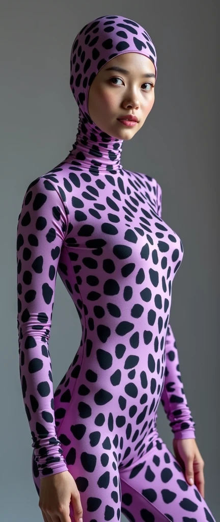 The beautiful and thinest chinese adult woman with glasses light purple and purple leopard print lycra elasticity turtleneck unitard catsuit.She always wear hijab-like zentai costume hood made of lycra elasticity.She is my contortionist.