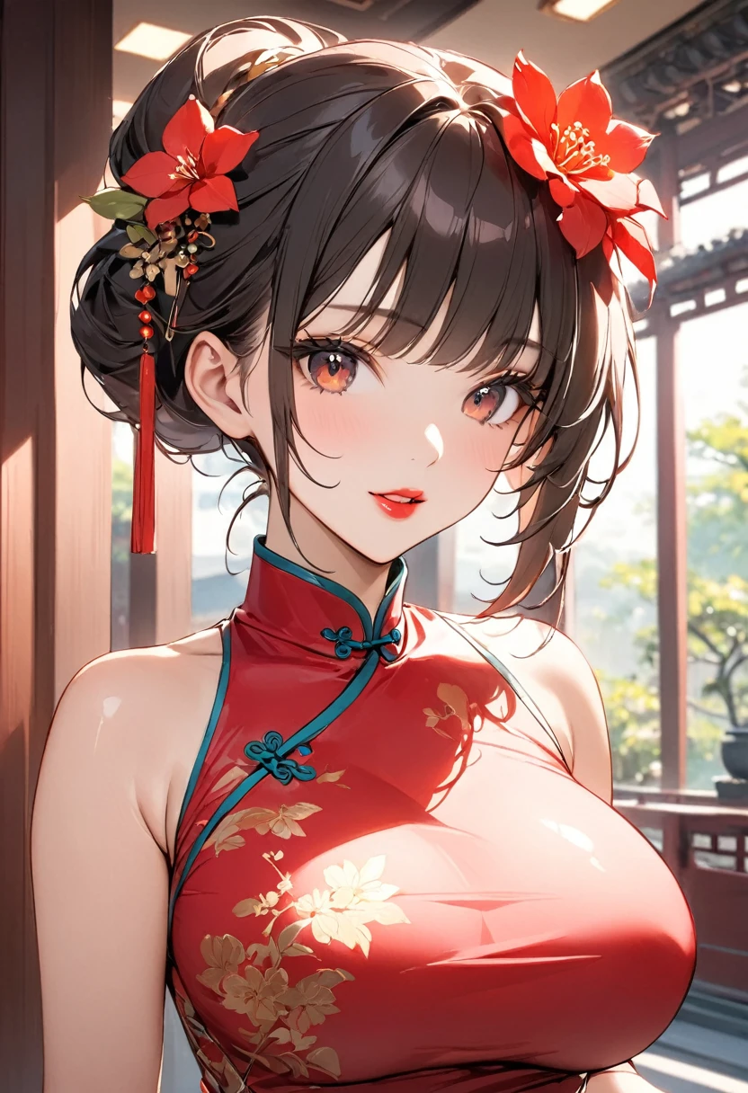  1 girl, shirtless in the lobby, Fashionable Girl , China Dress ,Chinese clothes,hair flower,(masterpiece:1.4),( top quality:1.4),(shiny skin), red lips, viewers who stop at the edge, Big Breasts,Open lips