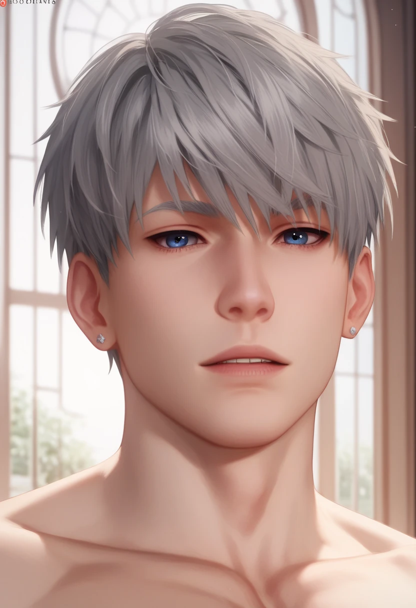 1 man, young man, 20-year-old man, single, short haircut, gray hair, blue eyes, accent on the eyes, long white eyelashes, silver piercing in the ears, pale skin, sexy man, man with a bare torso, atmosphere against the background of the house, facing the viewer, cinematic lighting is a real masterpiece. highest quality, dynamic posture