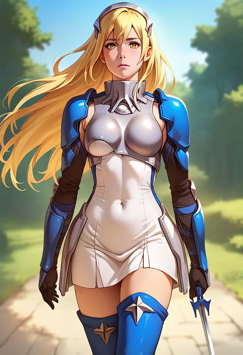 ais blonde hair, yellow eyes, armor, thighhighs, boots, dress, blue thigh boots, covered navel, asymmetrical breastplate, shoulder armor, gloves, white dress, (realistic:0.5), score_9, score_8_up, score_7_up, BREAK source_anime, best quality, rating_explicit, masterpiece, uncensored, standing, outdoor