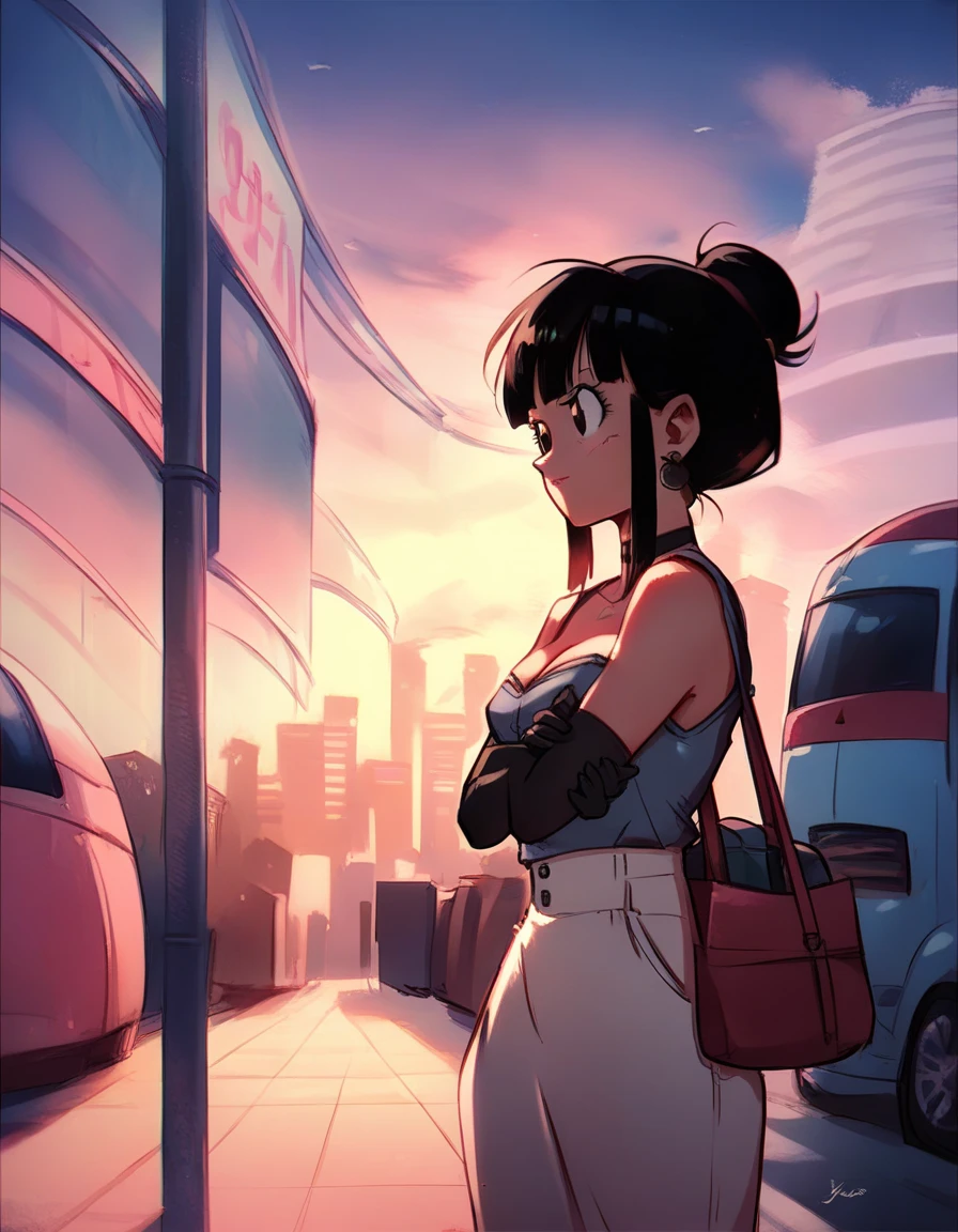 masterpiece, pan, red hairband, a strapless red leather dress, shirt red ,white jeans, grey elbow gloves, bare shoulder, city, sunlight, blue sky, medium breast,black hair,black eyes