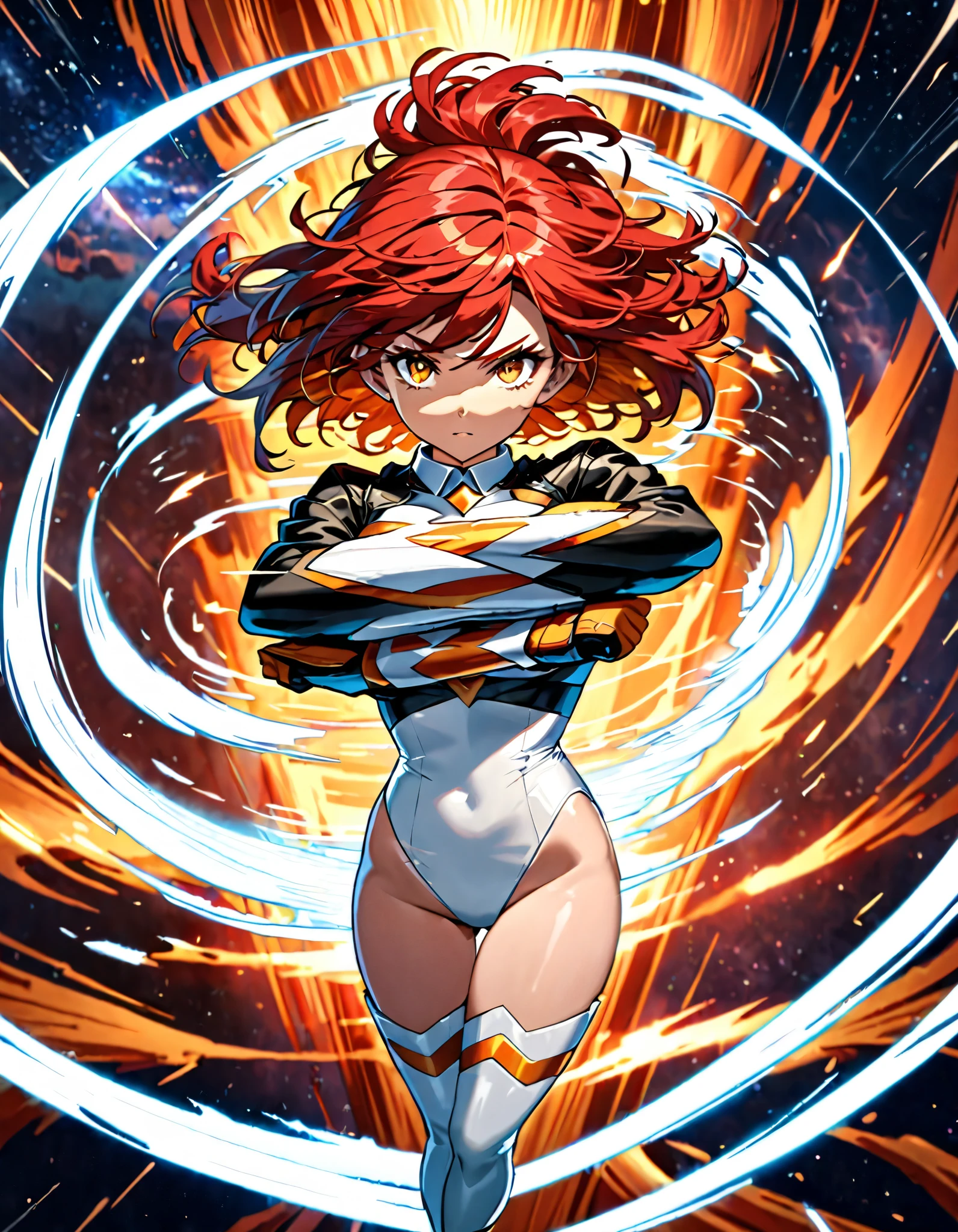 (masterpiece), (best quality), (high res), 1girl, professional, beautiful detailed eyes, beautiful detailed face, serious, perfect hands, complete fingers, perfect anatomy, perfect proportions, superhero, heroic, (leotard, gymnast outfit leotard, dark blue leotard with yellow accents, sleeveless, bare legs), (knee boots, matching boots), looking at the viewer, perfect hands, complete fingers, (blue gloves, matching gloves), perfect anatomy, perfect proportions, medium breasts, (red hair, short hair, bob hair, bangs), light blue eyes, beautiful detailed eyes, beautiful detailed face, cute face, full body with costume, ((yellow heart symbol on chest)), serious, (full body portrait), (solo, solo focus), cowboy shot, space backdrop. (T-pose, legs together). (spins fast in place like a tornado, whirls fast in place like a tornado, tornado whirling, spiral lines around her, spinning energy pulse around her, storm winds around her, whirls into a tornado, (she whirls) in (super speeds)). full body costume design. curved sword slash. she super-spins.