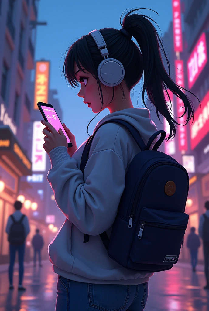 Anime girl in headphones and backpack looking at a mobile phone, anime style 4 k, Alice x. Zhang, digital anime art, Night club, Digital anime illustration, anime styled digital art, anime art wallpaper 4k, anime art wallpaper 4k, anime art style, anime digital art, anime style artwork, anime style. 8 k, detailed digital anime art