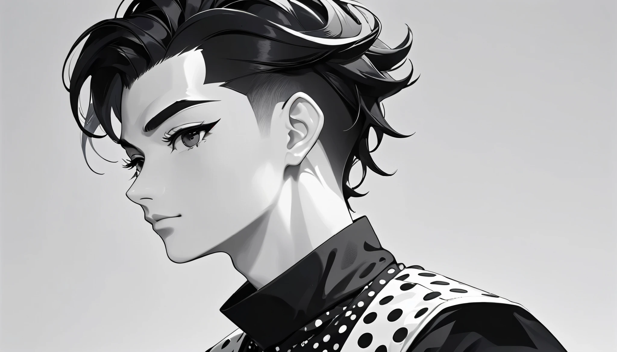 minimalist black and white cartoon-style male character with a profile。Characters、 The side undercut and wavy top section Create a characteristic 、 a clean, modern hairstyle 。 On the shaved side of the head 、 has small decorative dots to add detail 。 the facial features are simple 、Slight smile、Thick eyebrows 、 creates a confident, friendly vibe 。Characters無地の黒いシャツを着ており、 The overall design 、 It focuses on clean lines and modern aesthetics 。(best quality, 4K, 8k, highres icon, masterpiece:1.2), ultra-detailed, (realistic, photorealistic, photo-realistic:1.37), vivid colors, professional,