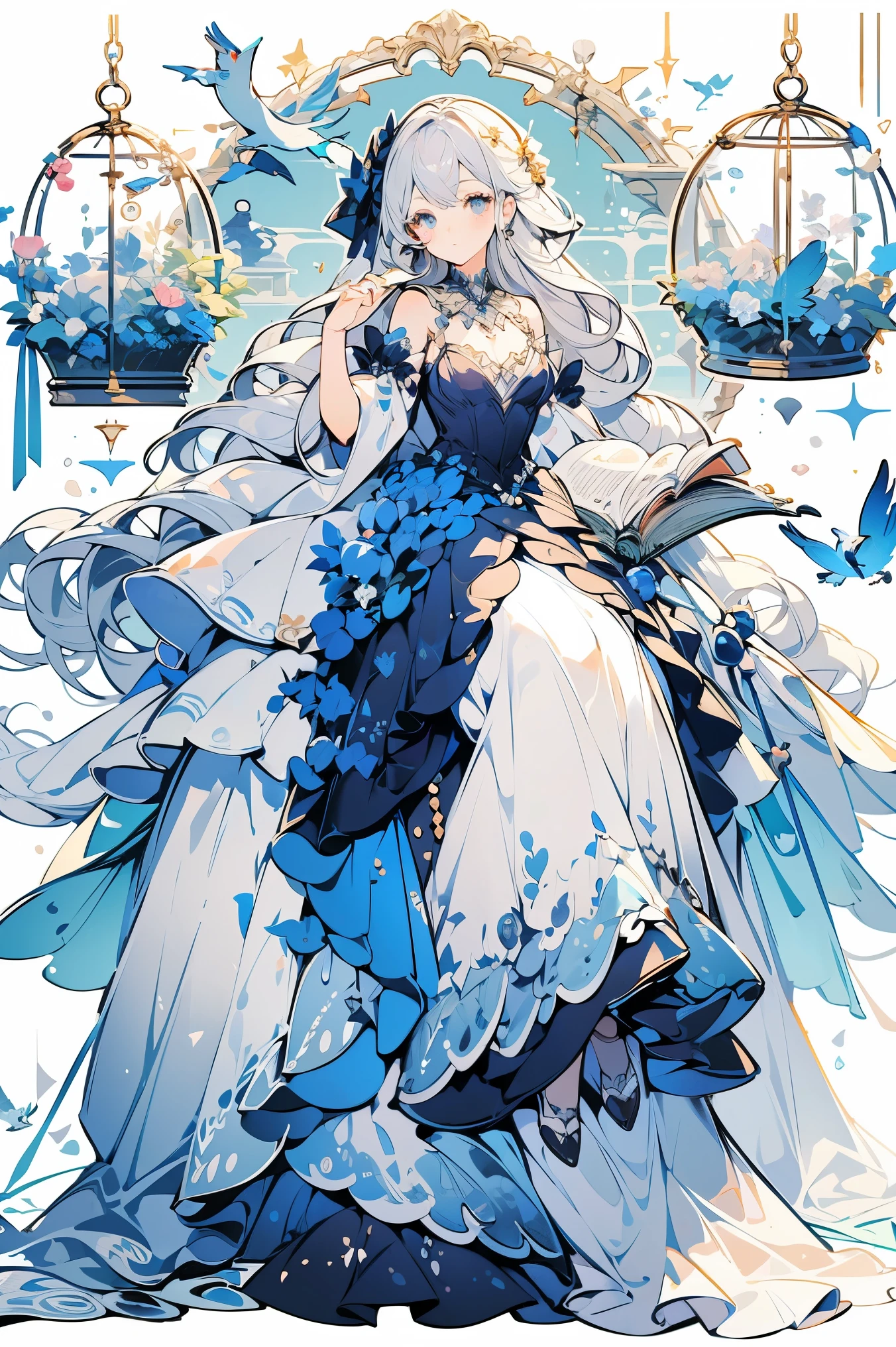 (masterpiece:1.2), best quality,PIXIV,fairy tale girl, 1 girl, silver hair, silver eyes, silver dress, ta fashion, silver theme