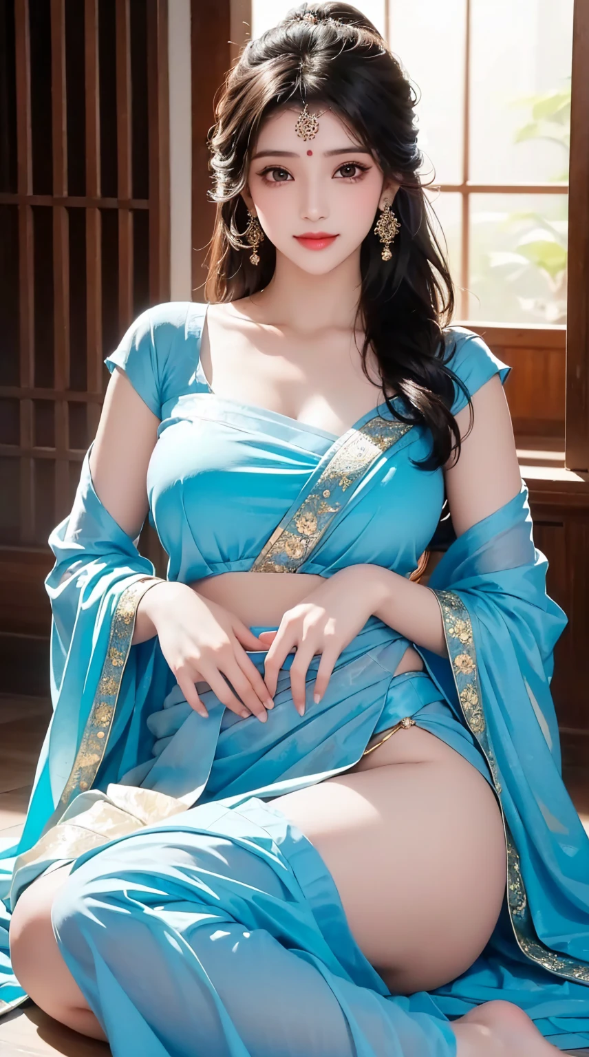 1girl, cute face,pretty face, jaw dropping beauty, cute smile, indian girl, ((indian mythology dress)),((indian mythology girl)), cute indian girl, bindi, ((beautiful bindi)), ((beautiful shiny accessories)), accessories, pony tail,((sanskari dress)), ((pure kapde)),full saree,((full light blue saree)),((full blouse)), ((ultra high detailed 1.9)),((ultra high resolution 1.9)),((ultra high quality 1.9)),(masterpiece)), (perfect lightings), (very Big breasts 1.9)), ultra huge breast , showing her cute body 