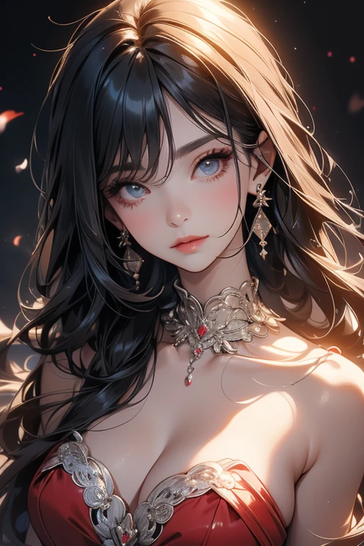Seven Rhaeyar (Deylta), Ancient Star goddess, Perfect female anatomy (Royalty, Adult Female, 166cm in height, Cool pale skin, slim, slender, 34D breast size, Long Jet Black Hair, Gray Colored Iris , a set of Jet black colored horns on her head), Neutral facial expression, Elegant black uniform dress, female choker accessory with silver complimentary jewelry, dragon motifs, Black rope accessories, Simple Black Background, receiving light from the front, Slightly focusing on her face up close, Ethereal glow, Red Rose petals falling, Japanese inspired