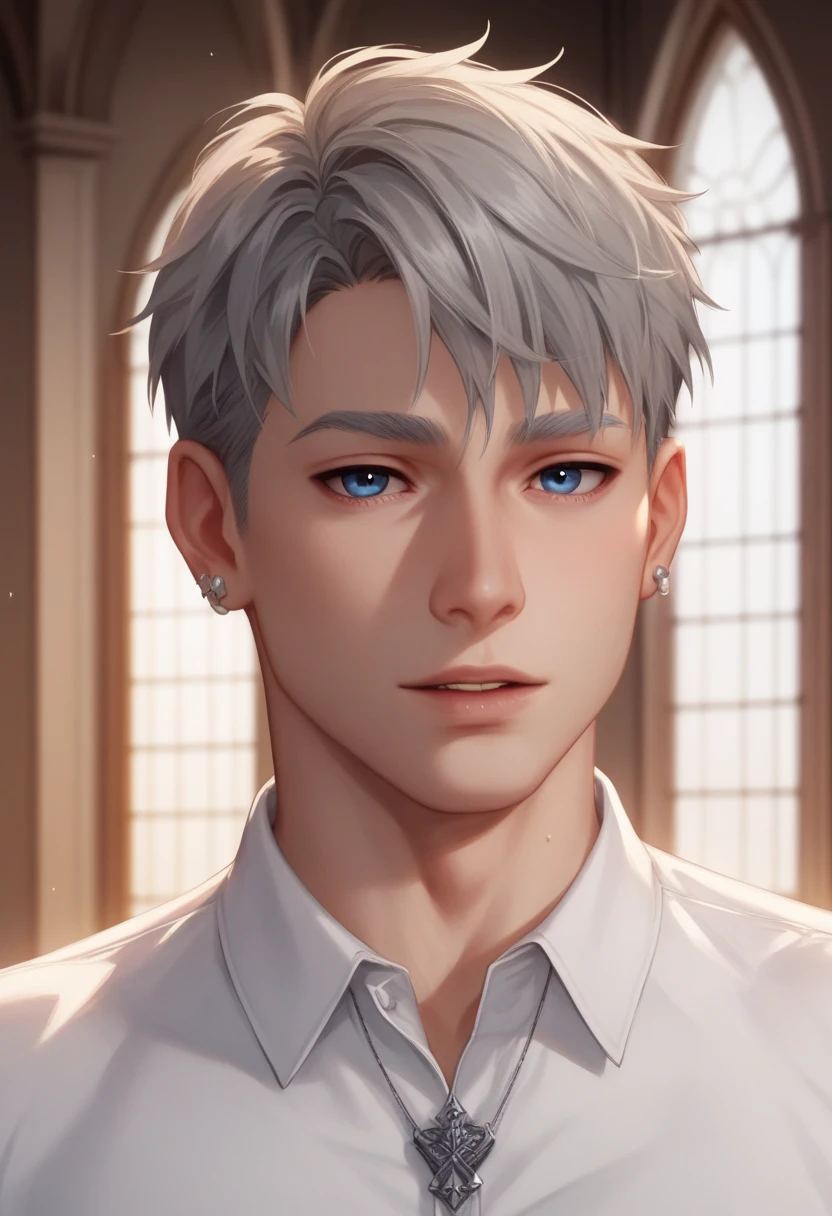 1 man, young man, 20-year-old man, single, short haircut, gray hair, blue eyes, accent on the eyes, long white eyelashes, silver piercing in the ears, pale skin, sexy man, man with a bare torso, atmosphere against the background of the house, facing the viewer, cinematic lighting is a real masterpiece. highest quality, dynamic posture