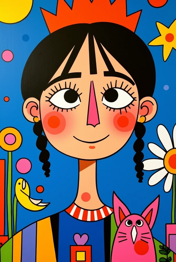 Romero Britto style painting, cubism, cute girl portrair, high definition, perfect details, sharp lines 