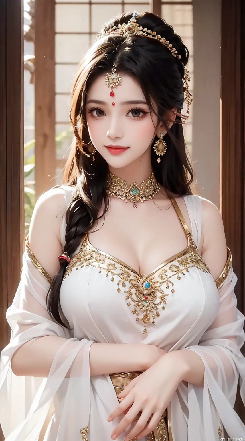 1girl, ((indian princess)), cute face,pretty face, jaw dropping beauty, cute smile, indian princess, ((indian mythology dress)), bindi, ((beautiful bindi)), ((beautiful shiny accessories)), accessories , ((ultra high detailed 1.9)),((ultra high resolution 1.9)),((ultra high quality 1.9)),(masterpiece)), (perfect lightings), (very Big breasts 1.9)), ultra huge breast , showing her cute body 