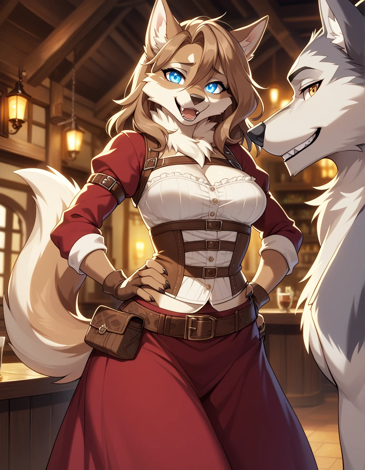 1girl, tail, furry, animal_ears,glowing blue_eyes, brown_hair, belt, looking_at_viewer, furry_female, gloves, wolf_tail, sad smile, open_mouth, wolf_ears, fingerless_gloves, hair_between_eyes,long skirt, hand_on_hip, snout, breasts, pouch, brown_gloves, cream white corset, wolf_girl, fangs, medium_hair, long_sleeves, medium_breasts, brown_belt, artist_name, tavern outfit